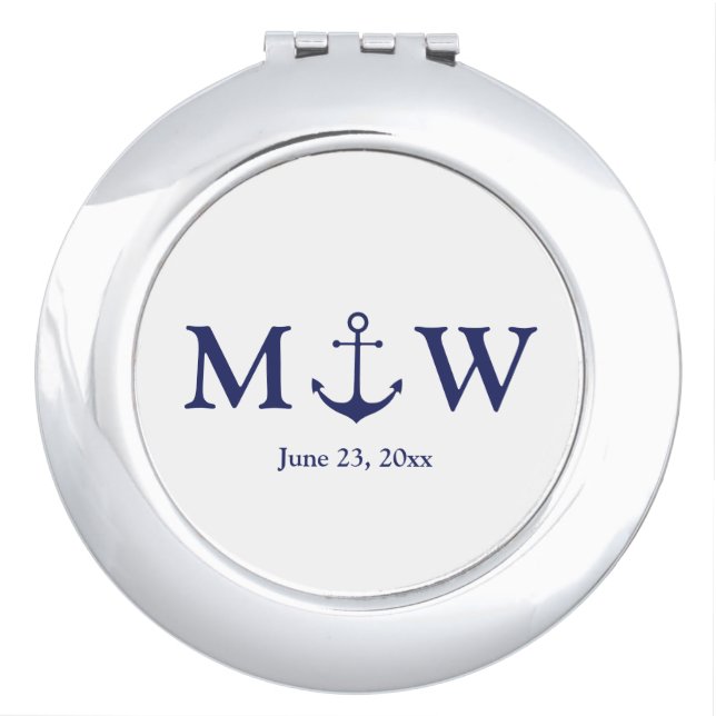 Wedding nautical anchor navy blue monogram favors compact mirror (Front)