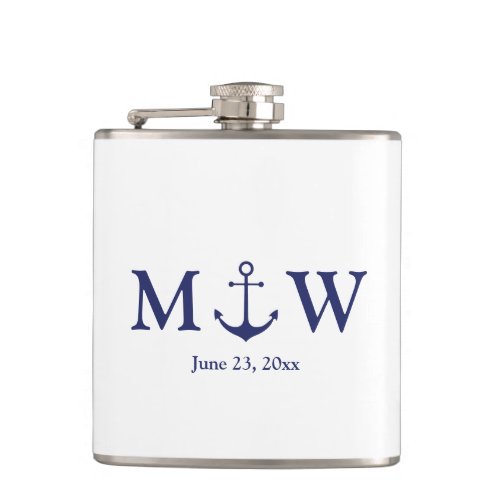 Wedding nautical anchor navy blue monogram favors flask