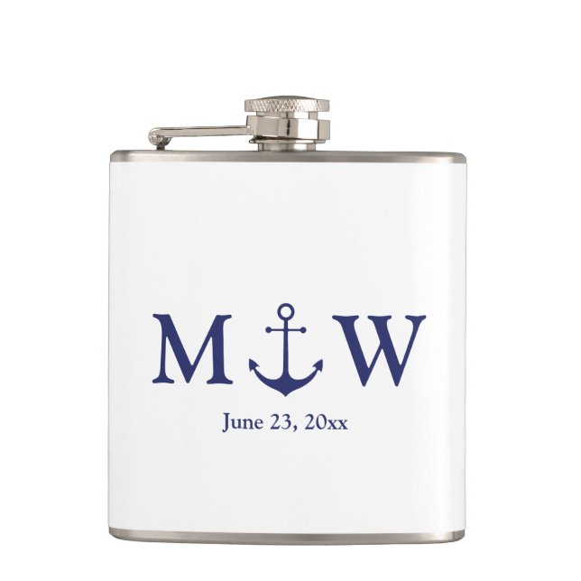Wedding nautical anchor navy blue monogram favors flask (Front)