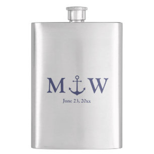 Wedding nautical anchor navy blue monogram favors flask