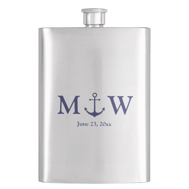 Wedding nautical anchor navy blue monogram favors flask (Front)