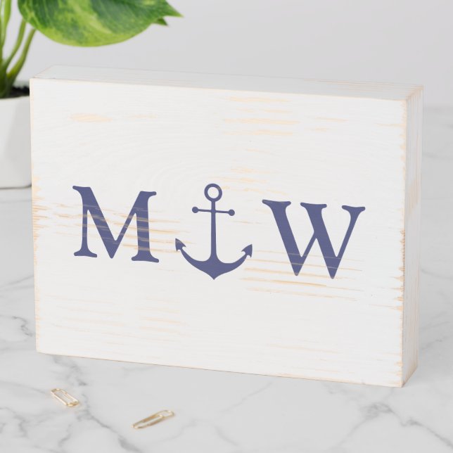 Wedding nautical anchor navy blue monogram wooden box sign (In Situ Horizontal)