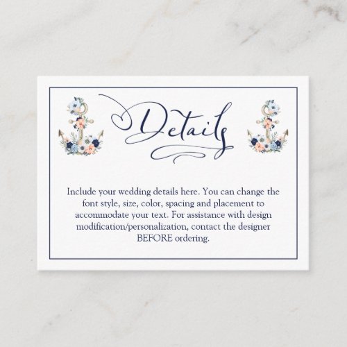 Wedding Nautical Anchor Navy Blue Peach Details Enclosure Card