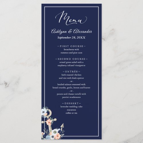 Wedding Nautical Anchor Navy Blue Peach Menu