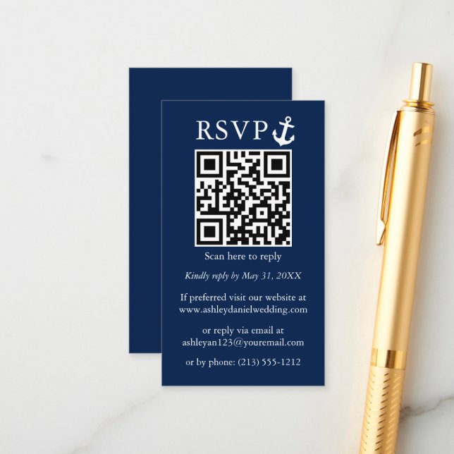 Wedding Nautical Anchor Navy Blue QR RSVP Enclosure Card (Front/Back In Situ)