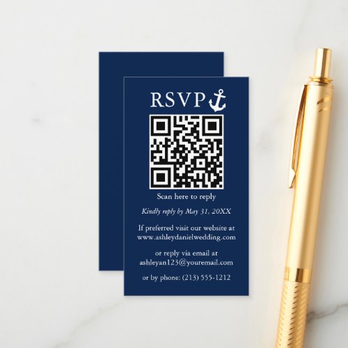 Wedding Nautical Anchor Navy Blue QR RSVP Enclosure Card