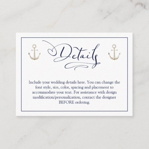 Wedding Nautical Anchor Navy Blue Script Details Enclosure Card