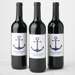 Wedding nautical anchor navy blue white elegant wine label