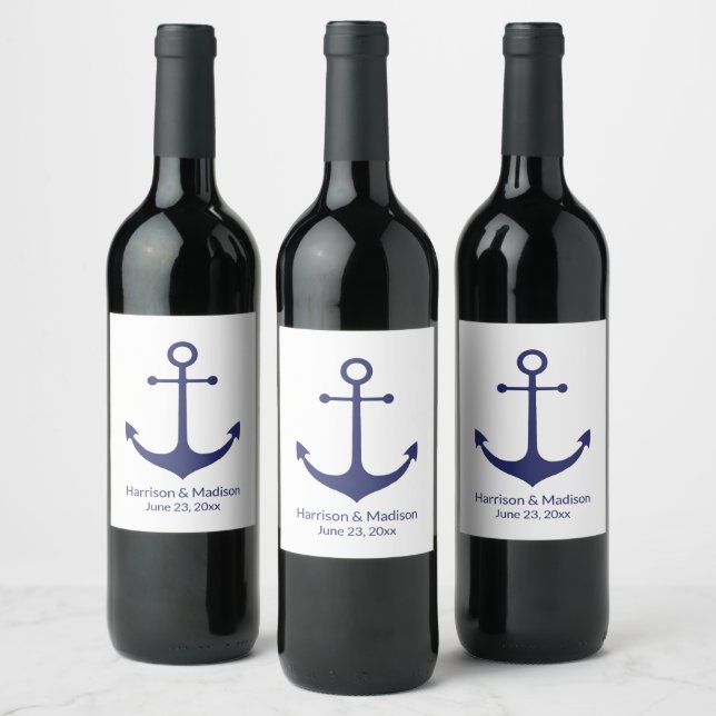 Wedding nautical anchor navy blue white elegant wine label (Bottles)