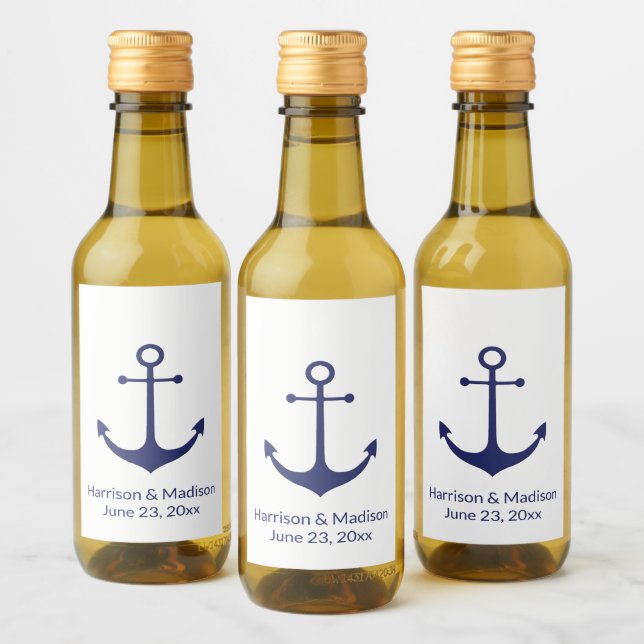 Wedding nautical anchor navy blue white elegant wine label (Bottles)