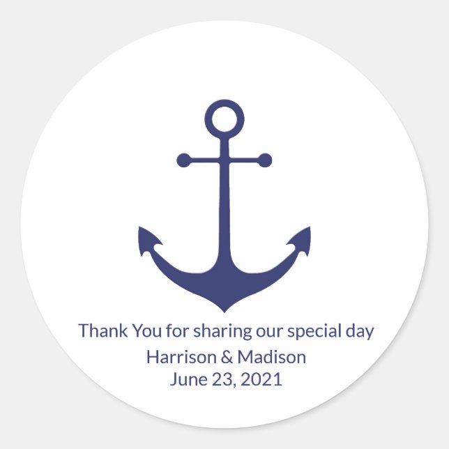 Wedding nautical anchor navy blue white favors classic round sticker (Front)