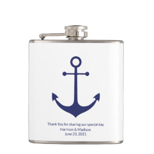 Wedding nautical anchor navy blue white favors flask