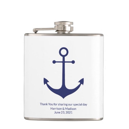Wedding nautical anchor navy blue white favors flask