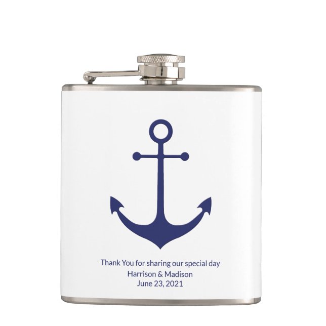 Wedding nautical anchor navy blue white favors flask (Front)