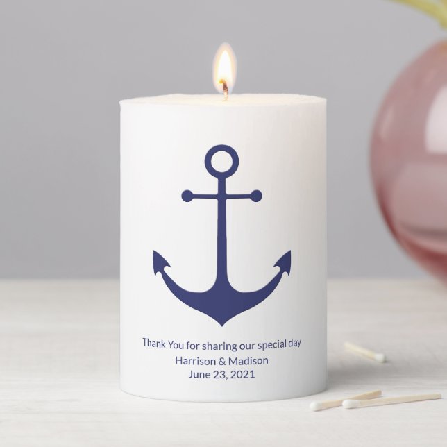 Wedding nautical anchor navy blue white favors pillar candle (In Situ)