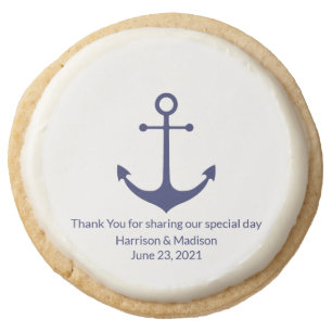 Wedding nautical anchor navy blue white favors round shortbread cookie