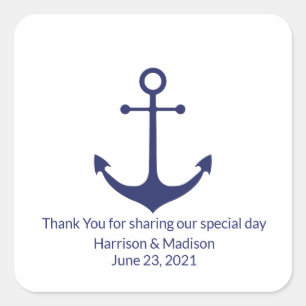 Wedding nautical anchor navy blue white favors square sticker