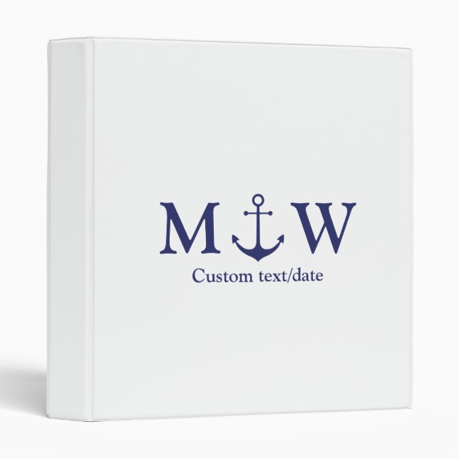 Wedding nautical anchor navy blue white monogram 3 ring binder (Front/Spine)