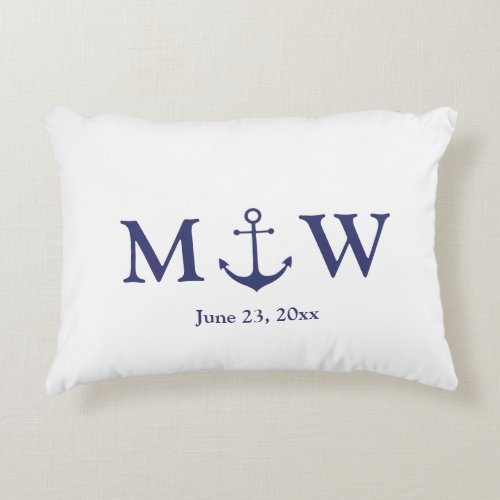 Wedding nautical anchor navy blue white monogram accent pillow