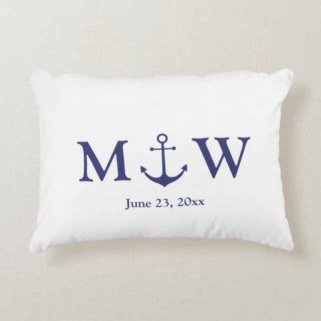 Wedding nautical anchor navy blue white monogram accent pillow (Front)