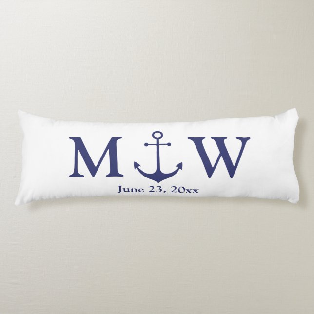 Wedding nautical anchor navy blue white monogram body pillow (Front)