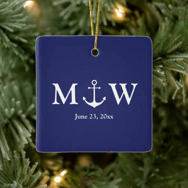 Wedding nautical anchor navy blue & white monogram ceramic ornament (Tree)