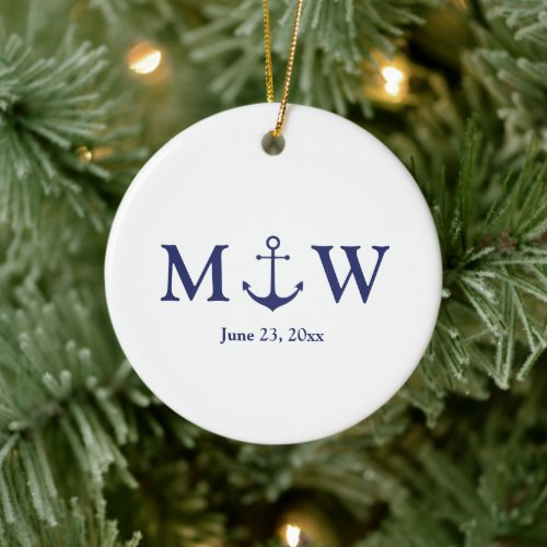 Wedding nautical anchor navy blue white monogram ceramic ornament