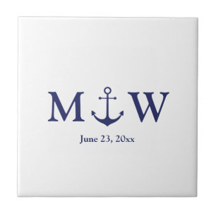 Wedding nautical anchor navy blue white monogram ceramic tile