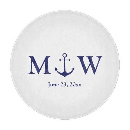 Wedding nautical anchor navy blue white monogram cutting board