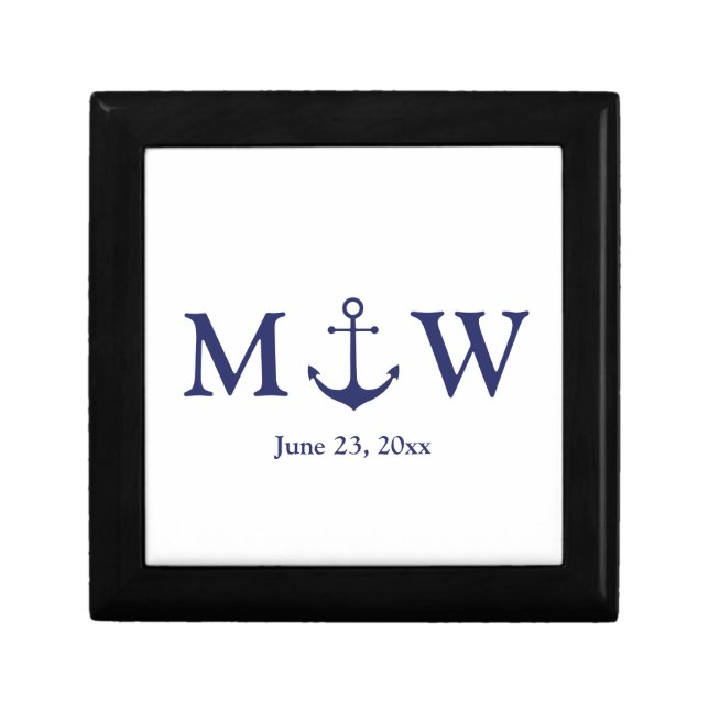 Wedding nautical anchor navy blue white monogram gift box (Front)
