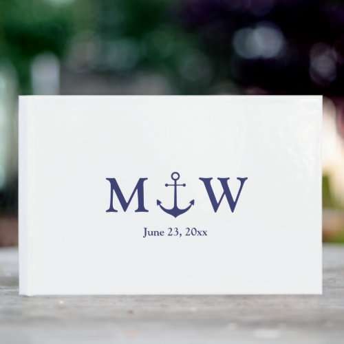 Wedding nautical anchor navy blue white monogram guest book