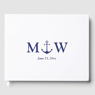 Wedding nautical anchor navy blue white monogram guest book