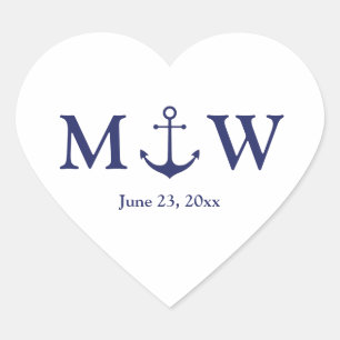 Wedding nautical anchor navy blue white monogram heart sticker