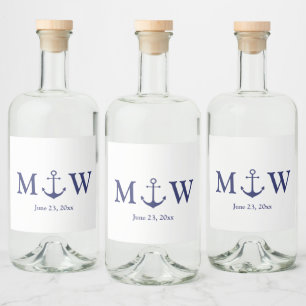 Wedding nautical anchor navy blue white monogram liquor bottle label