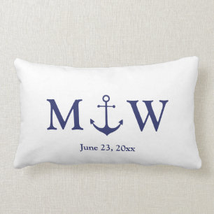 Wedding nautical anchor navy blue white monogram lumbar pillow