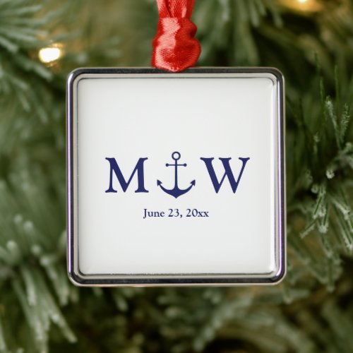Wedding nautical anchor navy blue white monogram metal ornament