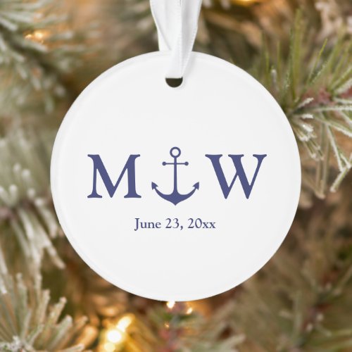 Wedding nautical anchor navy blue white monogram ornament