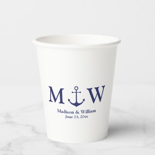 Wedding nautical anchor navy blue  white monogram paper cups