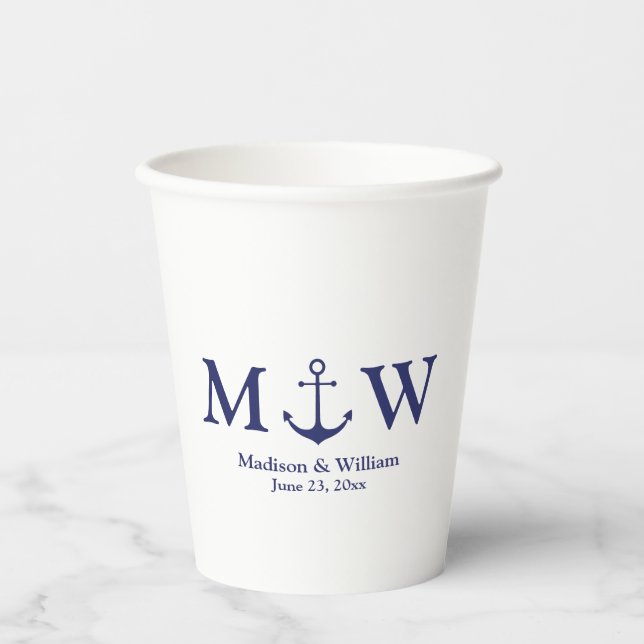 Wedding nautical anchor navy blue & white monogram paper cups (Front)