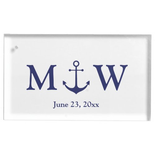 Wedding nautical anchor navy blue white monogram place card holder