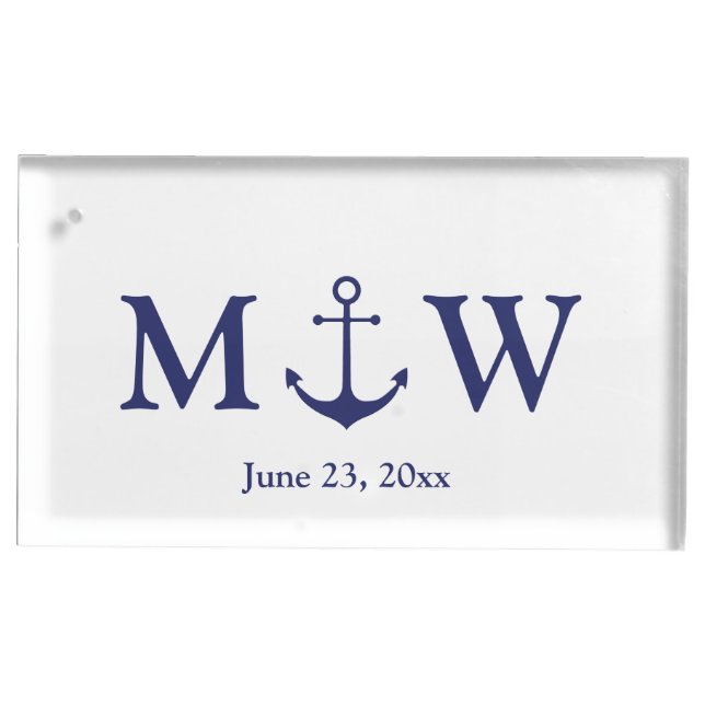 Wedding nautical anchor navy blue white monogram place card holder (Front)