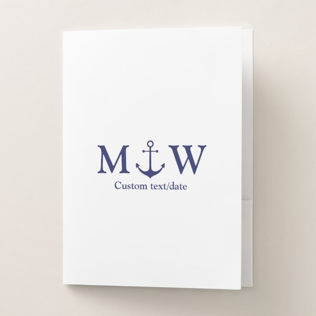 Wedding nautical anchor navy blue white monogram pocket folder (Front)