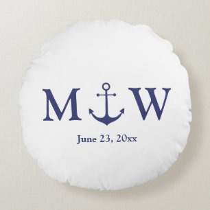 Wedding nautical anchor navy blue white monogram round pillow