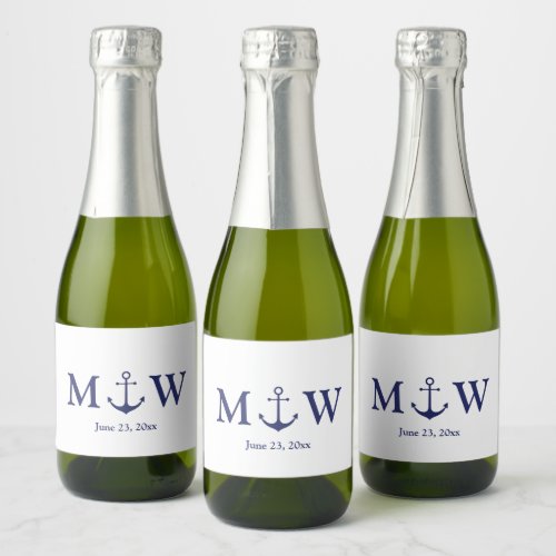 Wedding nautical anchor navy blue white monogram sparkling wine label