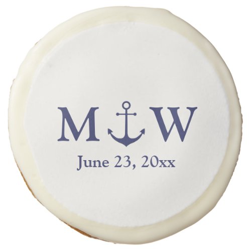 Wedding nautical anchor navy blue white monogram sugar cookie