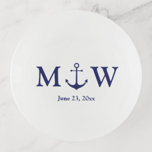 Wedding nautical anchor navy blue white monogram trinket tray