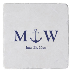 Wedding nautical anchor navy blue white monogram trivet