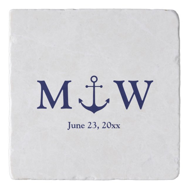 Wedding nautical anchor navy blue white monogram trivet (Front)