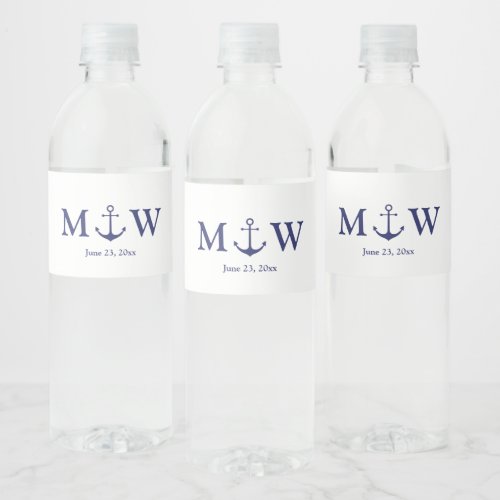 Wedding nautical anchor navy blue white monogram water bottle label