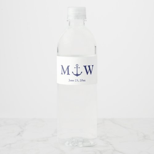 Wedding nautical anchor navy blue white monogram water bottle label